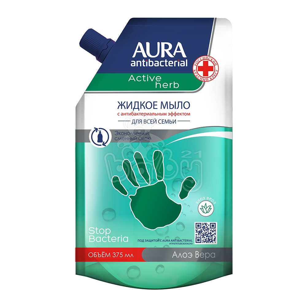 AURA Antibacterial Жидкое мыло с антибактериальным эффектом Active Herb Алоэ дой-пак 375мл КК/15